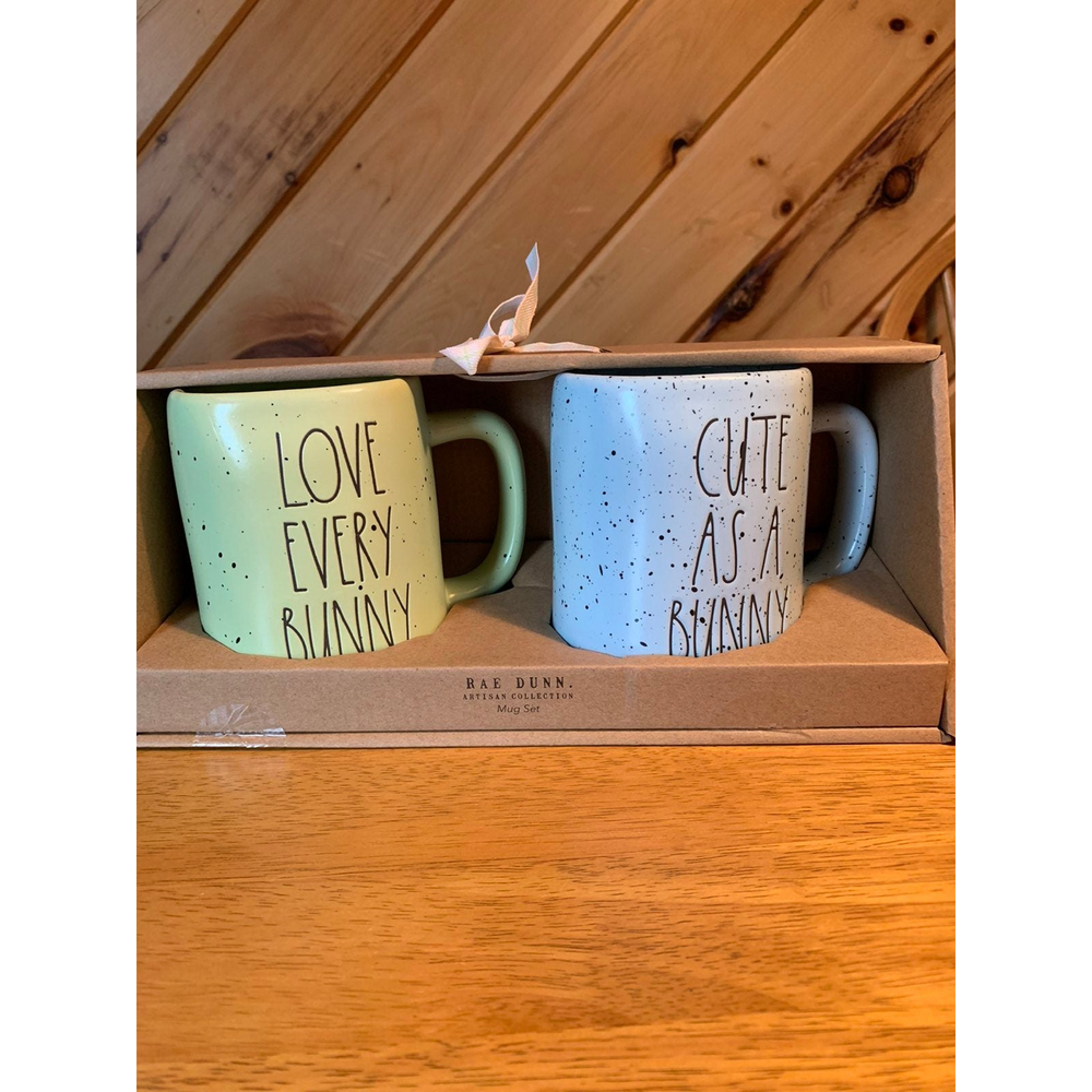 Rae Dunn Green & Blue Love Every Bunny and Cute as a Bunny Mug Set NWT
